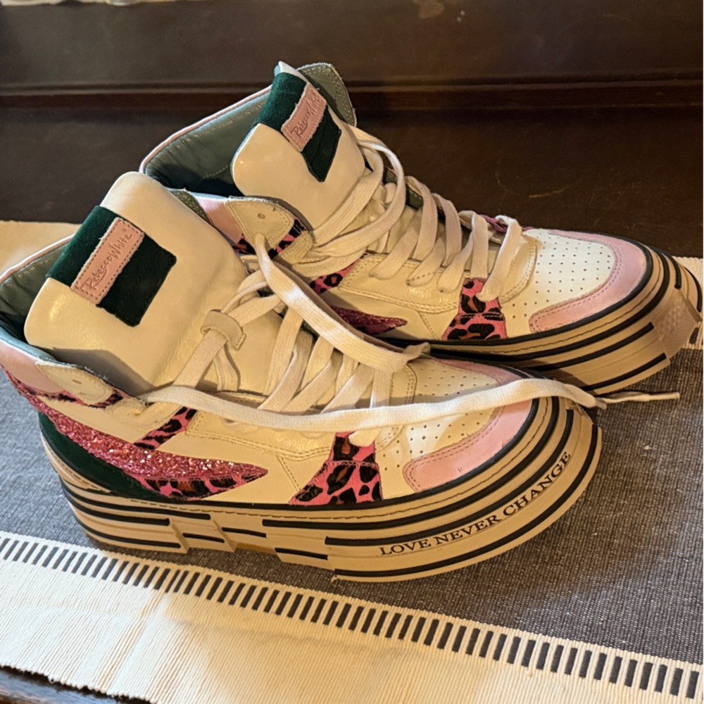 Rebecca White Pink and White High-Top Sneakers